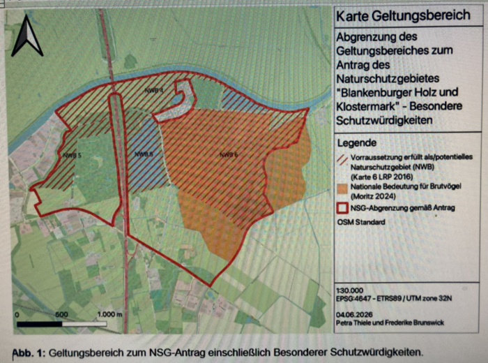 ein Kartenausschnitt der StadtOldenburg mit dem Geltungsbereich des beantragten NSG Klostermark: Westlich begrenzt durch das Gewerbegebiet Osthaften, im Norden durch die Hunte, im Süden durch die Holler landstraße und im Westen von der Stadtgrenze zur Nachbargemeinde Hude
