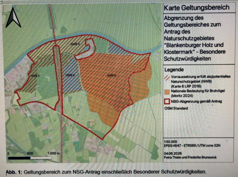 ein Kartenausschnitt der StadtOldenburg mit dem Geltungsbereich des beantragten NSG Klostermark: Westlich begrenzt durch das Gewerbegebiet Osthaften, im Norden durch die Hunte, im Süden durch die Holler landstraße und im Westen von der Stadtgrenze zur Nachbargemeinde Hude